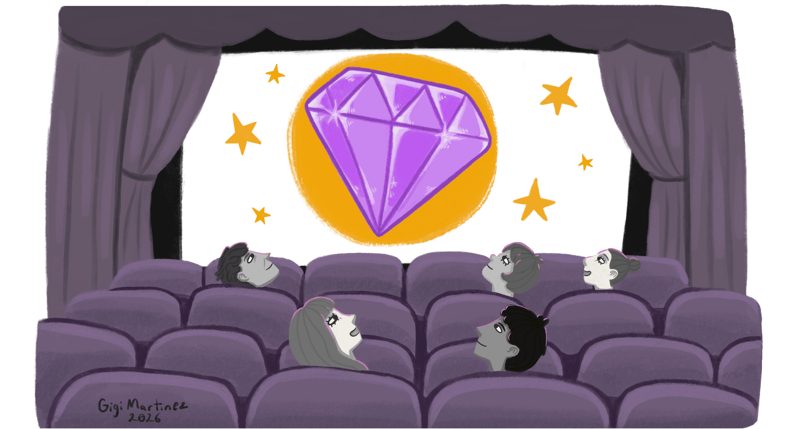 An illustrated cinema audience watching a glowing purple gem light up the screen